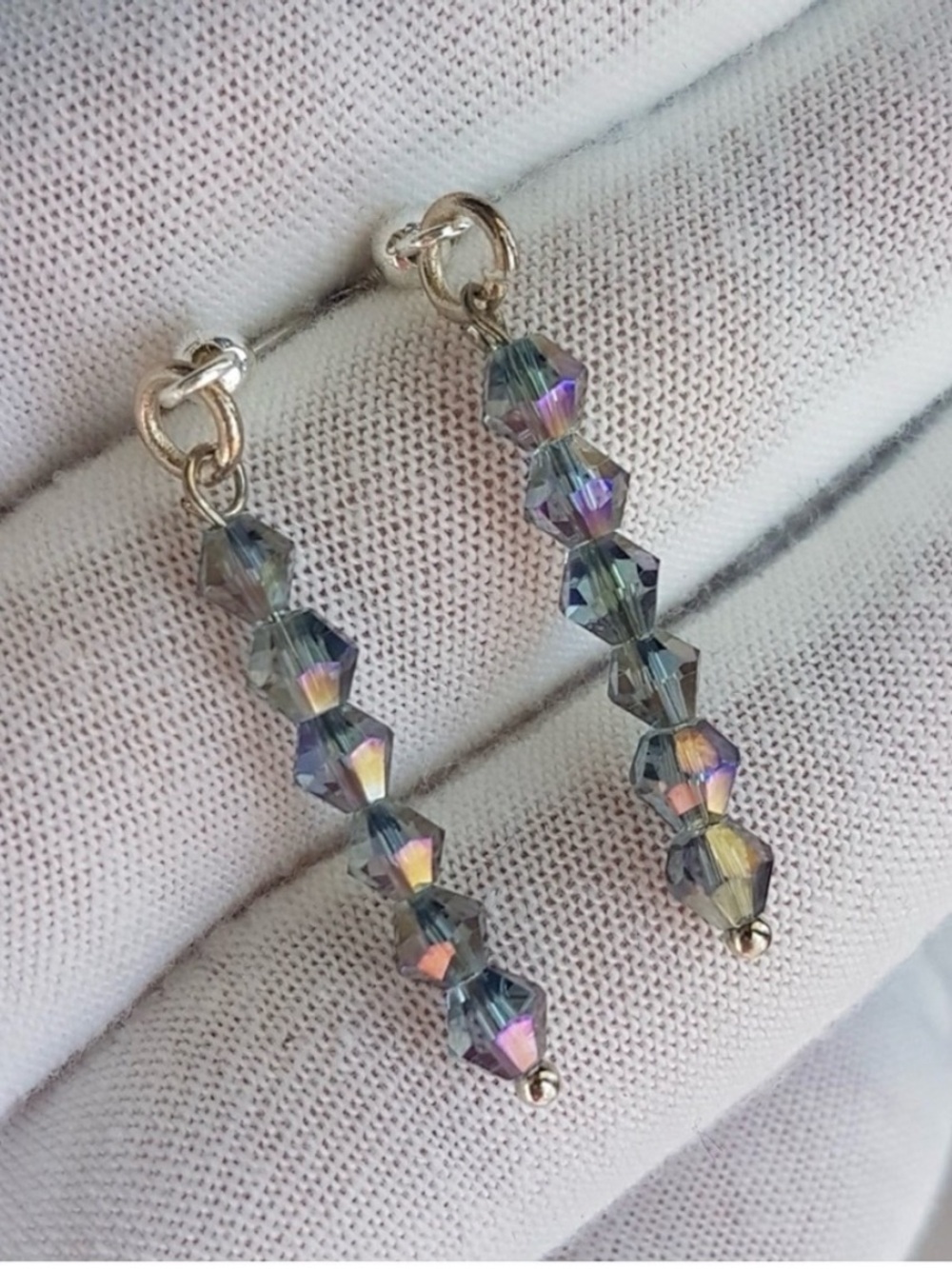 Swarovski Elements Silver Aurora Borealis Dangling Earrings Handmade NWT